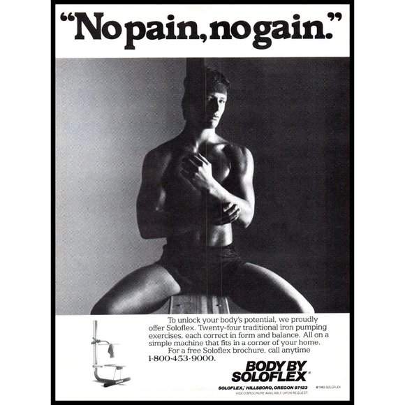 1984 Soloflex Weightlifting Machine Vintage Print Ad No Pain No Gain Wall Art - Picture 1 of 1